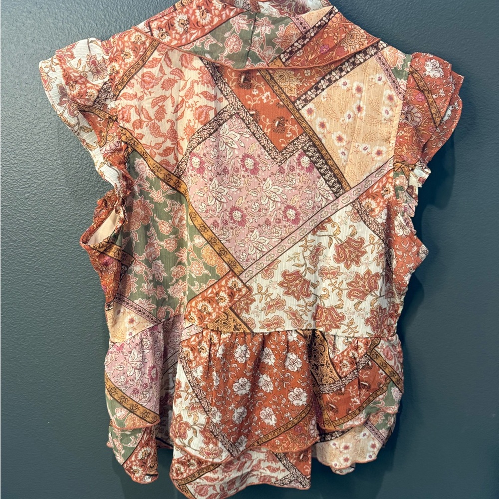 Tie-Front Ruffle Patchwork Blouse in Rust Multi - Picture 5 of 7